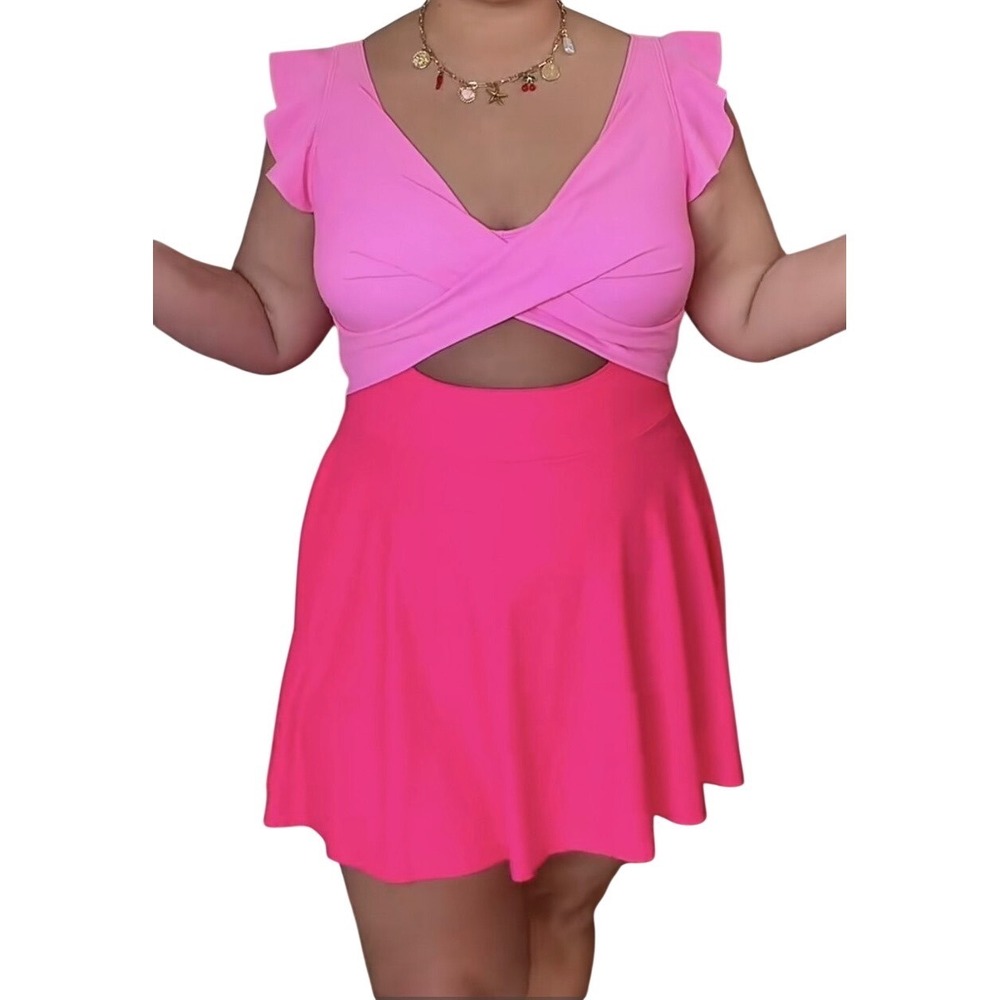 B2prity Swim Dress Womens 2XL Pink Ruffle Twist Cutout Swimsuit